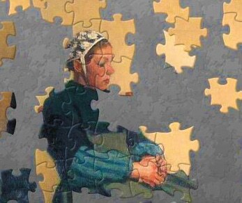 Jigsaws A painting of a girl sitting down broken up into jigsaw pieces