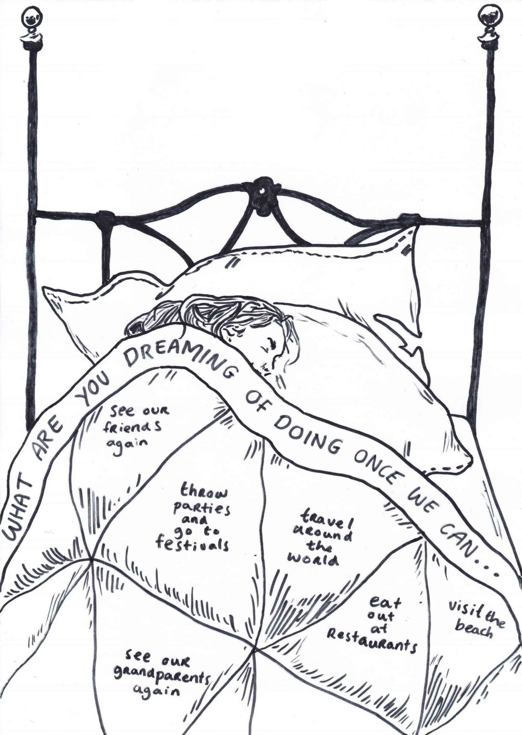 Limerick Artists. Drawing of a person in bed under a large quilt with writing on it. The text reads: what are you dreaming of doing once we can...