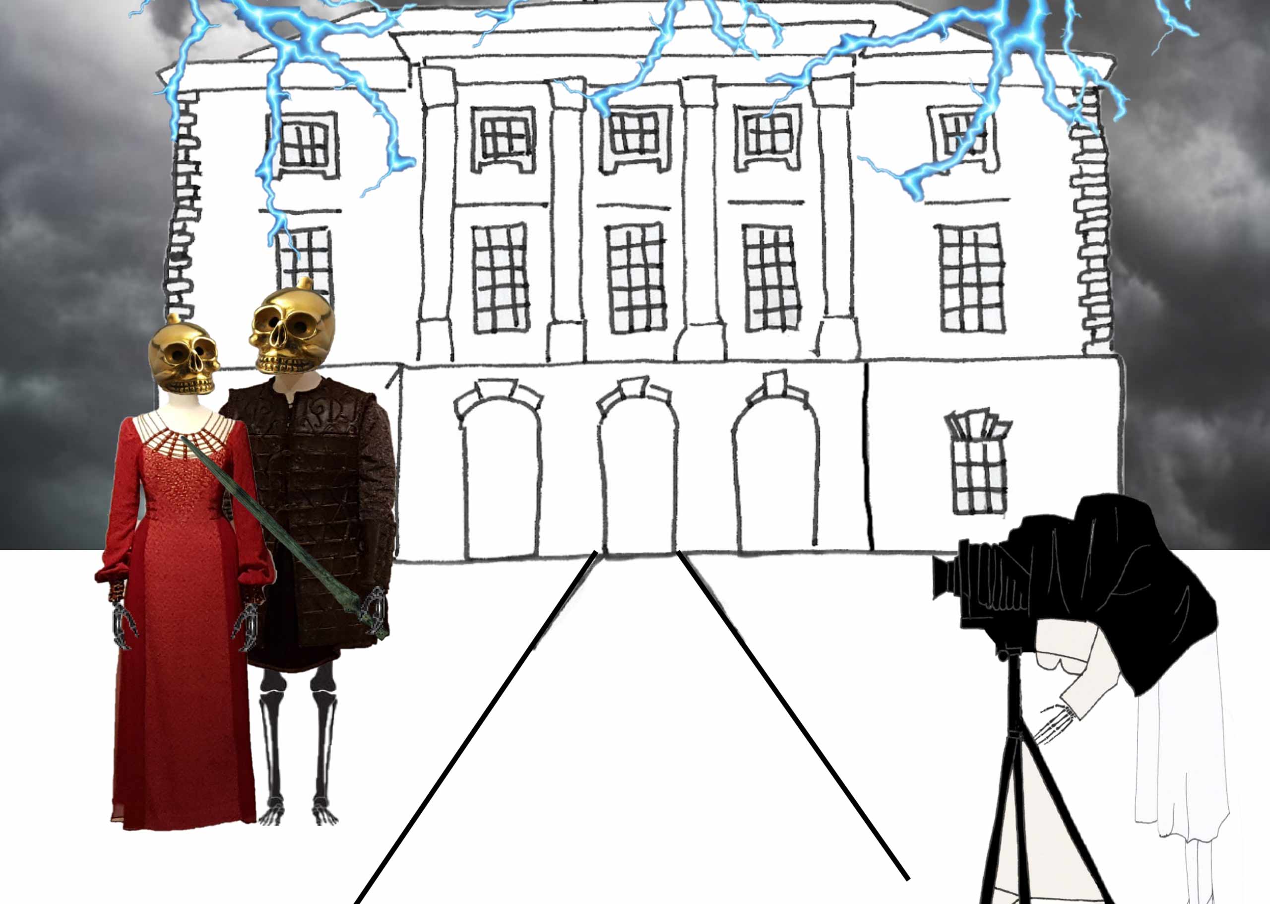 Scary Stop Motion. Collage of cutouts; two figures with golds skulls for heads pose outside an illustration of Hunt Museum as they have their photo taken by a photographer with an old fahsioned camera. The sky above is stormy with lightning strikes.